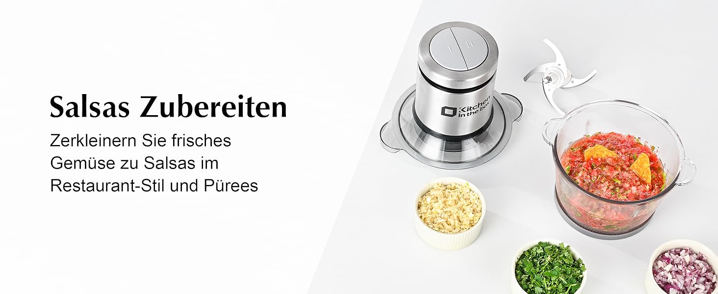 Електричний подрібнювач Zerkleinerer Kitchen in the Box 400W зі скляною (1л) та сталевою (2л) чашами для м'яса, овочів, фруктів та дитячого харчування, сріблястий
