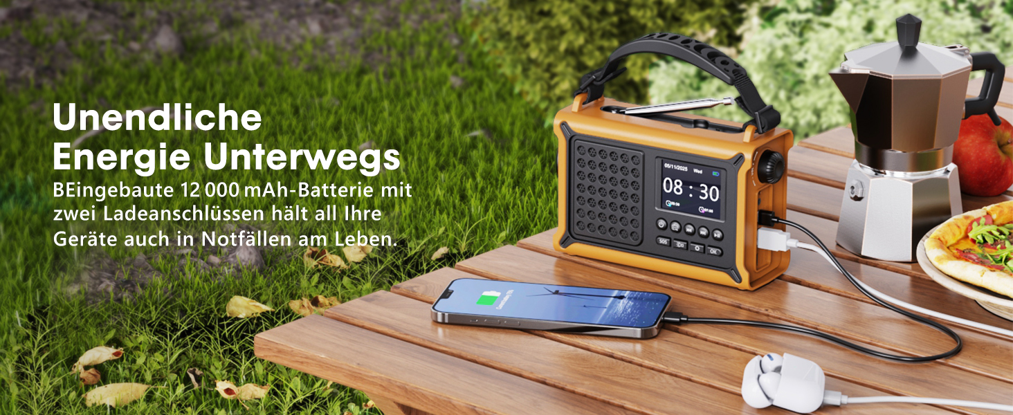 ROCAM Радіоприймач на ручку DAB+/UKW, портативне аварійне радіо з сонячною панеллю 8500 мм² та ручкою 650mA, цифрове радіо з Bluetooth, 2.4' кольоровий дисплей, 80 станцій, SOS, LED ліхтарик, USB, IPX6 для кемпінгу (Жовтий)