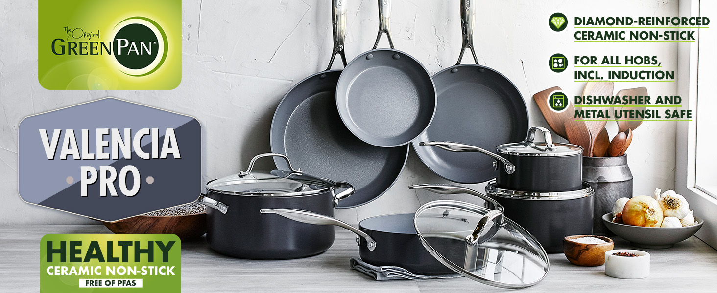 GreenPan Valencia Pro Thermolon Healthy Ceramic Non-Stick 11-Piece Cookware Set, Pots and Pans, PFAS-Free, Including Frypans, Saute Pans, Induction, Dishwasher Safe, Oven Safe, Grey Cookware Set 11-Piece