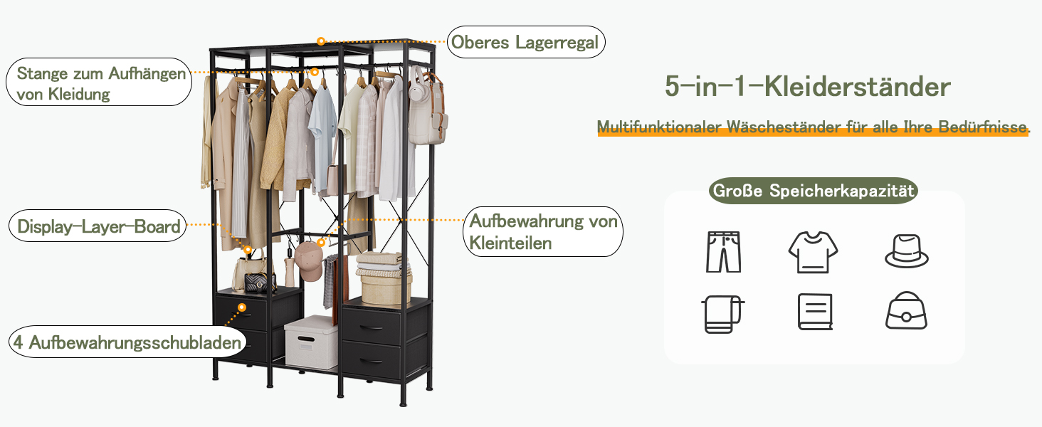 Відкрита шафа для одягу, вішалка для одягу, гардеробна стійка з 4 шухлядами, стабільна вішалка для спальні, вітальні, передпокою (Чорний)