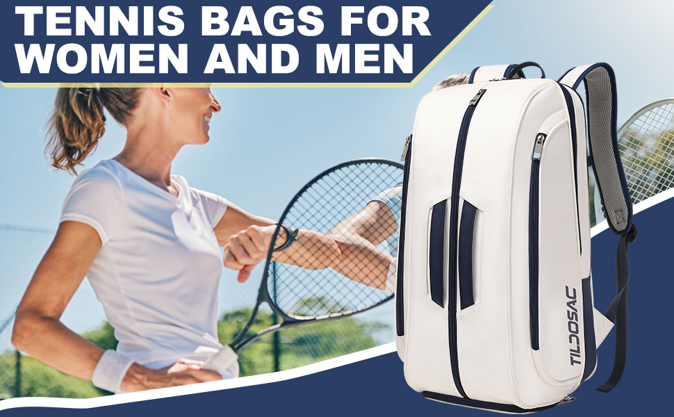 Tennis Padel Pickleball Bag - Large Sports Bag with Shoe Compartment, Laptop Sleeve & Ball Sleeve - White/Blue
