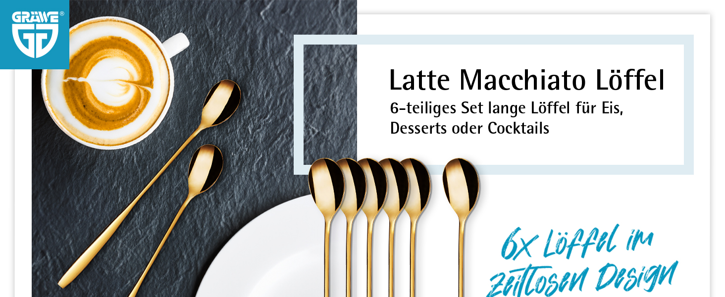 Льодогенератор та ложка для лате-макіато Gräwe з нержавіючої сталі, довга ложка для кави, десертів та холодного чаю, придатна для миття в посудомийній машині, золотиста