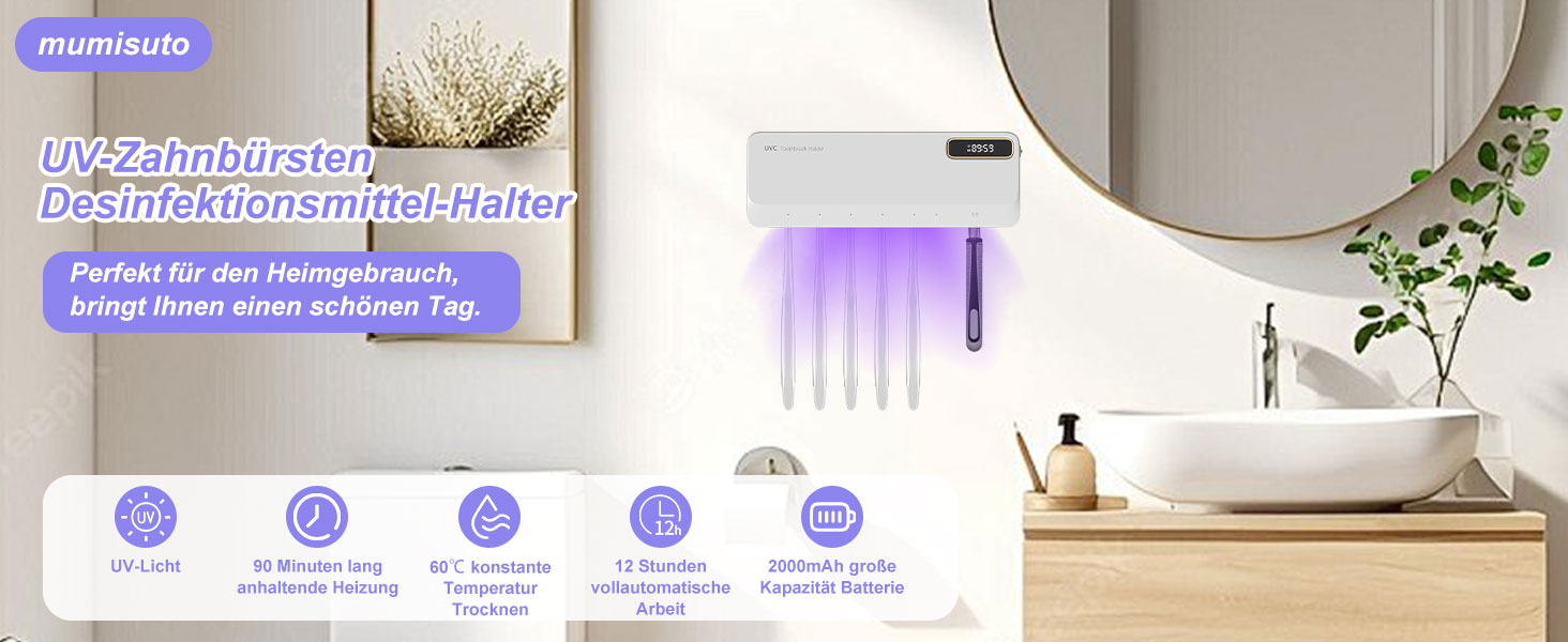 Стерилізатор зубних щіток UV з підставкою на 5 щіток, чорний. З функцією сушіння та таймером, настінний монтаж, 2000 mAh