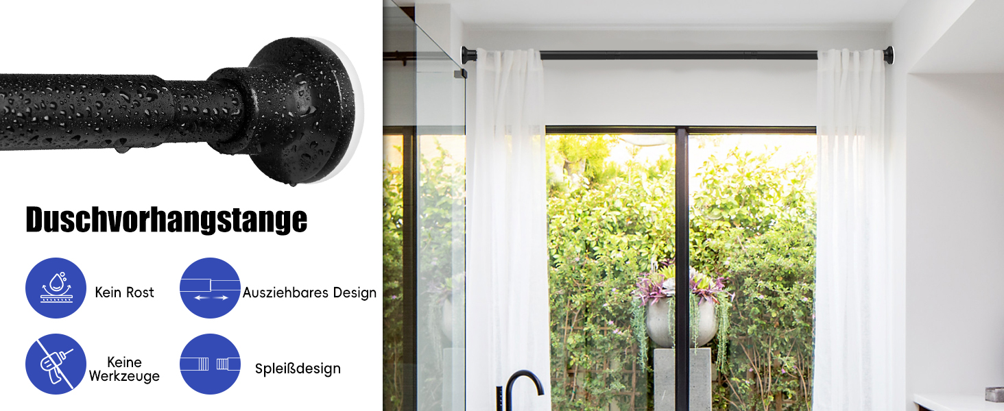 Тeleskopна штанга для душу без свердління, 72-254 см, чорна (Ø25 мм)