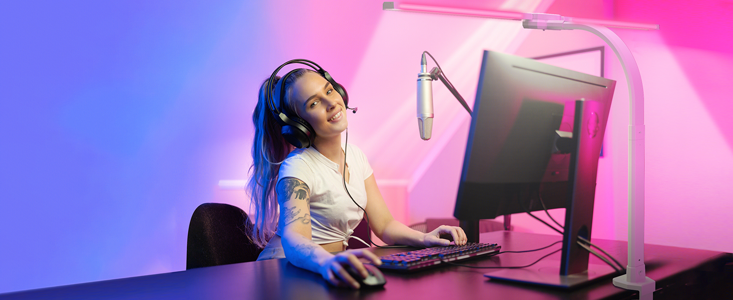 SIBRILLE Dual-Head LED Desk Lamp - Adjustable, Dimmable, Eye Protection, RGB - for Office, Home, and PC Use