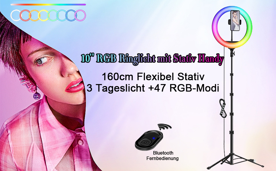 Кільцева лампа Ringlicht з штативом для телефону, 10 дюймів, 3 денне світло + 47 RGB режимів, регульована яскравість, 160 см, для YouTube, селфі, макіяжу, TikTok