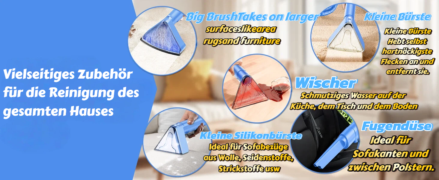 Портативний мийник для м'яких меблів, 600W, 16Kpa, 500мл розчин, 5 насадок. Для диванів, килимів, авто, сходи. Легкий, компактний, блакитний.