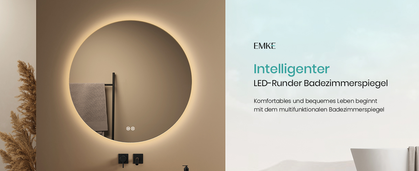 Дзеркало для ванної кімнати EMKE круглої форми з підсвічуванням 80 см - кругле дзеркало з 3 кольорами світла, регулюванням яскравості, сенсорним управлінням, функцією пам'яті та енергозбереженням. Розміри: 80 см x 80 см