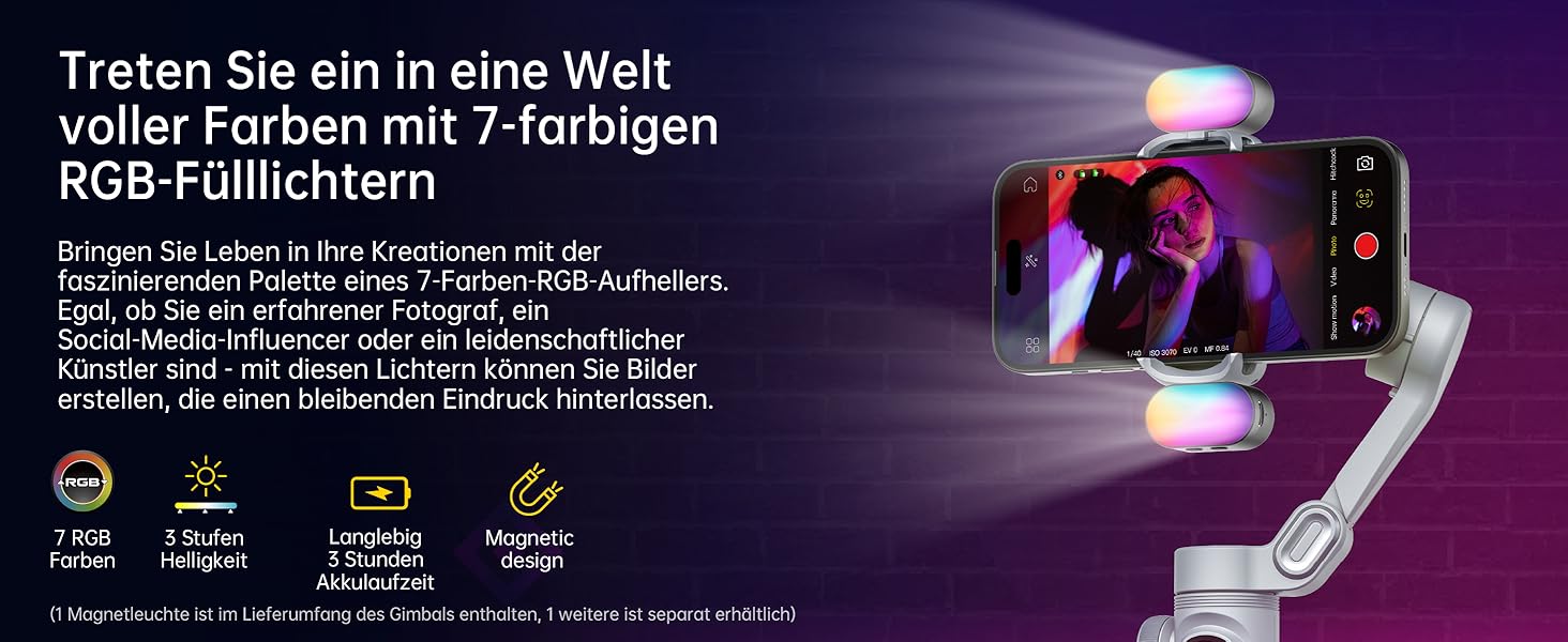 Стабілізатор для смартфона AOCHUAN 3-осьовий з RGB-підсвічуванням, для iPhone/Android, з функцією трекінгу обличчя, комплект Smart X Pro (Сірий)