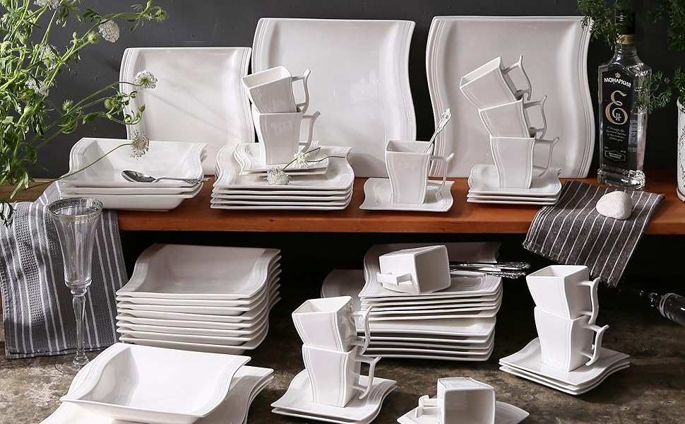 MALACASA Flora Marble Porcelain Dinnerware Set - 30 Piece Service for 6 | Coffee Cups, Plates & Bowls