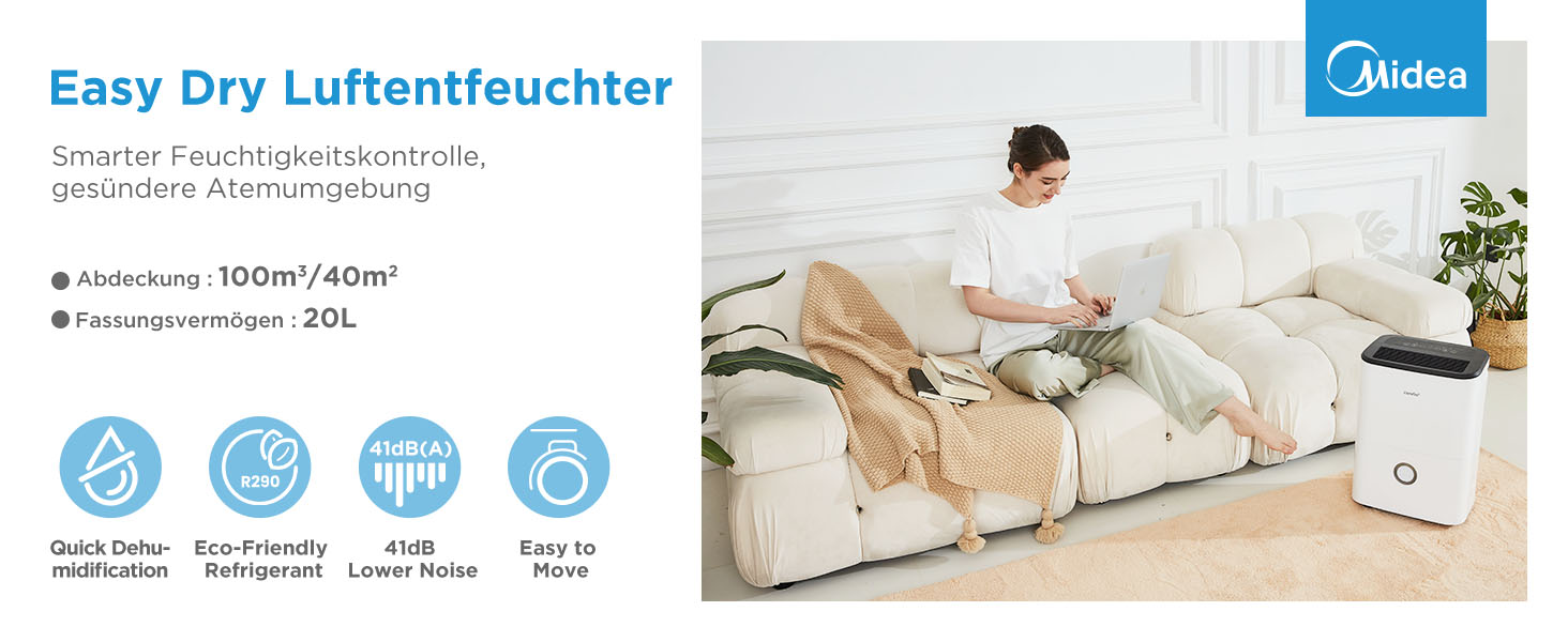 Зволожувач повітря Midea DF-20DEN7-WF, 20л/24г, 100м³, білий, з Wi-Fi, таймер 24г, бак 3л