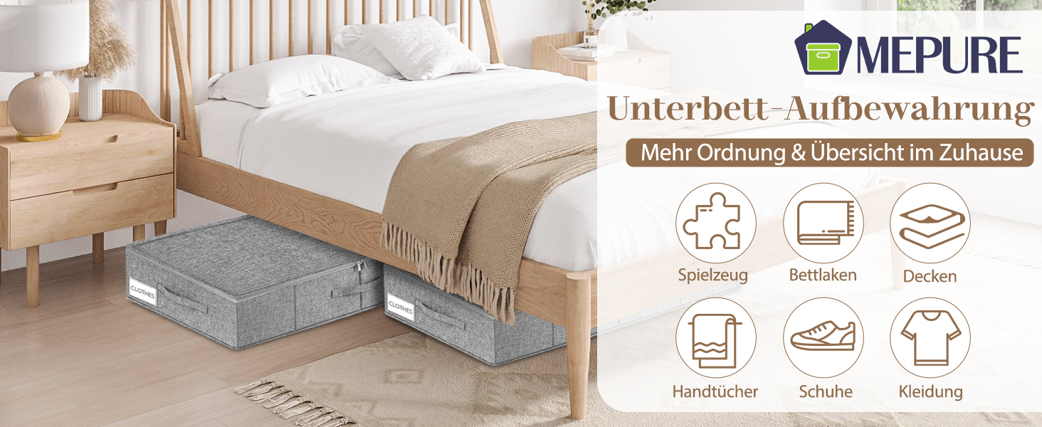 Коробки для зберігання під ліжко MePure, сірі, 2 шт. – 50л, з кришкою та блискавкою, для одягу, ковдр, постільної білизни, подушок, 76×38×17 см