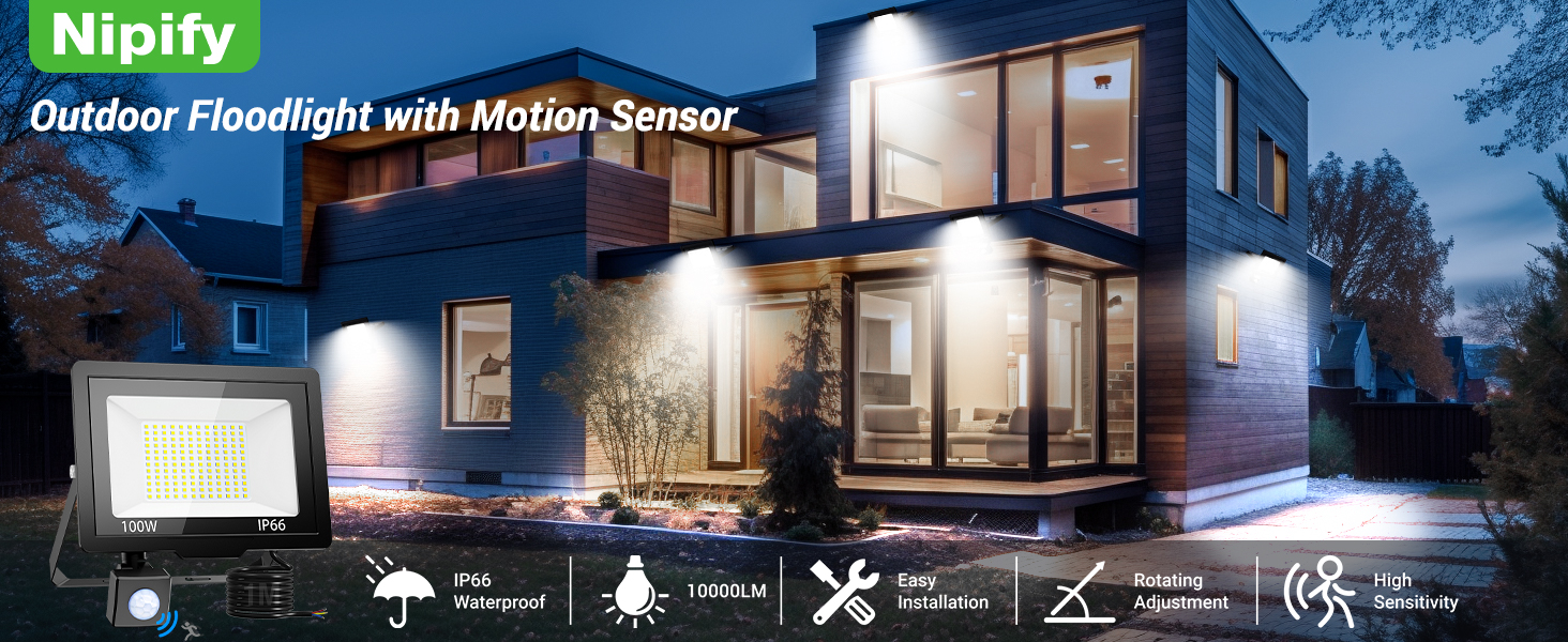 nipify LED прожектор із датчиком руху для вулиці, 2 шт, 30W 3000Лм, IP65, холодне світло 6500K, довгий кабель 100 см, для складу, саду, готелю, двору (100W)
