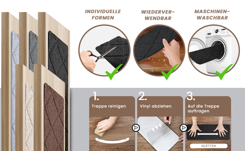 Килимок для сходів, 15 шт., самоклеючий, антиковзкий, для дому, можна різати, багаторазовий, захист від ковзання для дітей, домашніх тварин та літніх людей (55х19 см, 65х20 см, чорний)