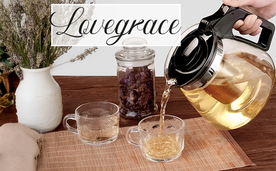 Чайник Lovegrace зі скла та нержавіючої сталі з ситом – стійкий до високих температур та придатний для миття в посудомийній машині, 900 мл