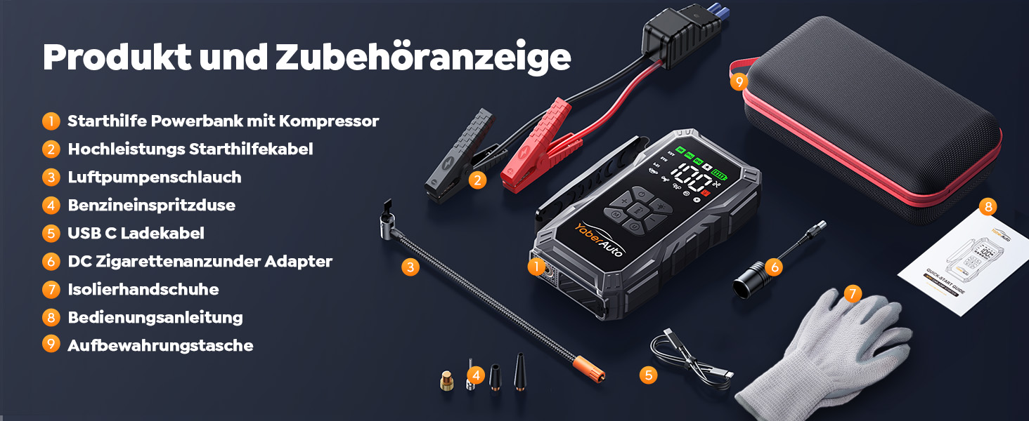 Powerbank для авто YaberAuto з компресором, 6000A, 23800mAh, 150PSI, Jump Starter (для бензинових та 10.0L дизельних двигунів), LCD дисплей, 500 люмен, аварійне світло