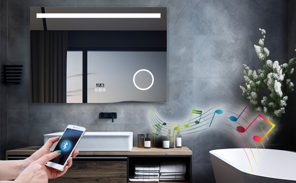 LED дзеркало для ванної кімнати з підсвічуванням 80x60 см: Bluetooth, годинник, 3 кольори світла, сенсорне регулювання, проти запотівання, збільшення, для ванної, туалету, коридору