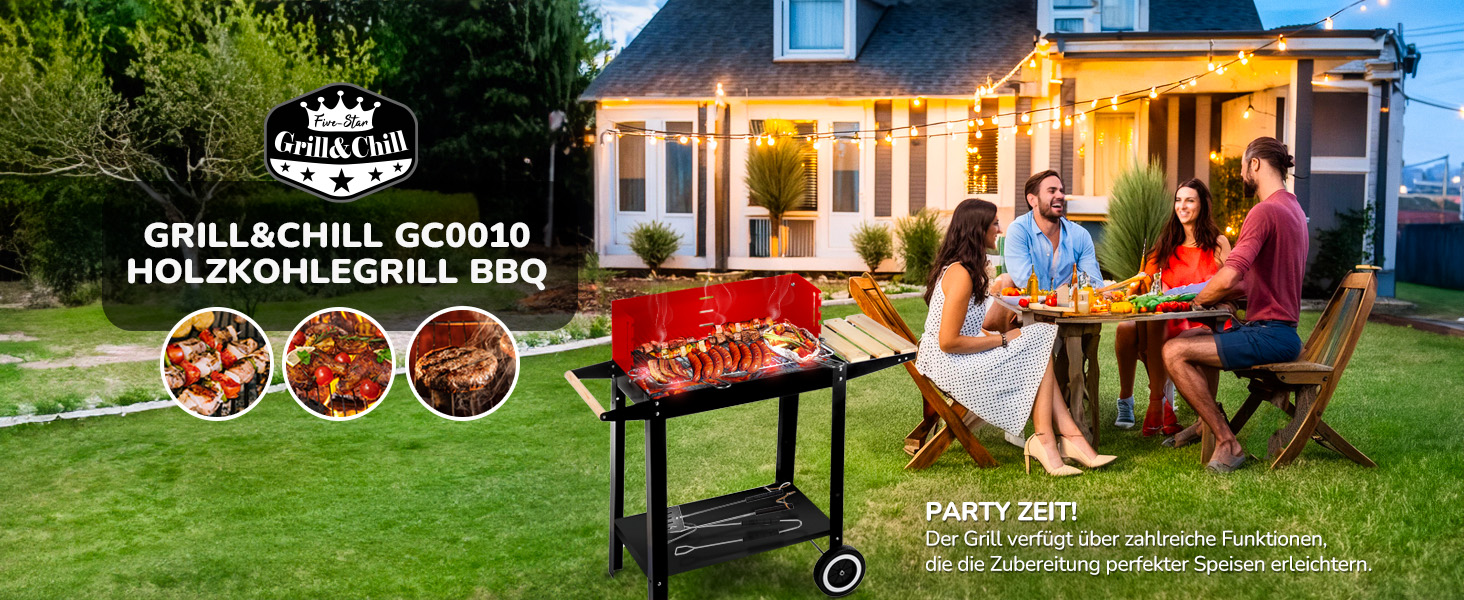 Вугільний гриль Five-Star Grill&Chill, садовий, хромована решітка 50×26,5 см, 2 колеса, модель GC0010