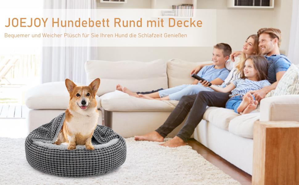 Ліжко для собак та котів середніх порід JOEJOY, кругле, з ковдрою, 66x66x15 см, сіре