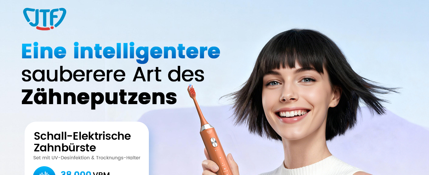 Електрична звукова зубна щітка JTF з УФ-дезінфекцією та сушінням, бездротова зарядка, 5 режимів чищення, 6 насадок, стаканчик для полоскання, акумуляторна для дому та подорожей (Помаранчева)