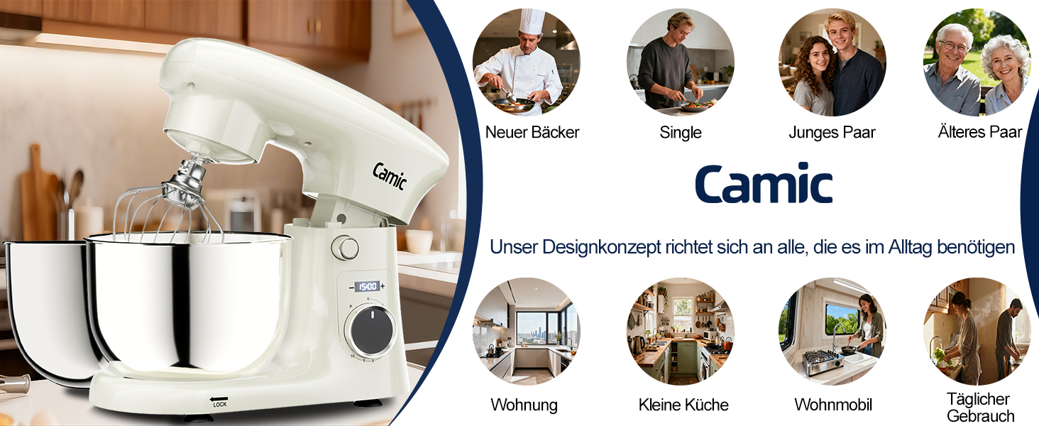 Кухонна машина Camic з 3 насадками (гак, міксер, вінчик), планетарний міксер з LED-дисплеєм, 10 швидкостей, 2 чашами з нержавіючої сталі 4Л та 5Л, для тіста, хліба, піци та тортів (Білий)