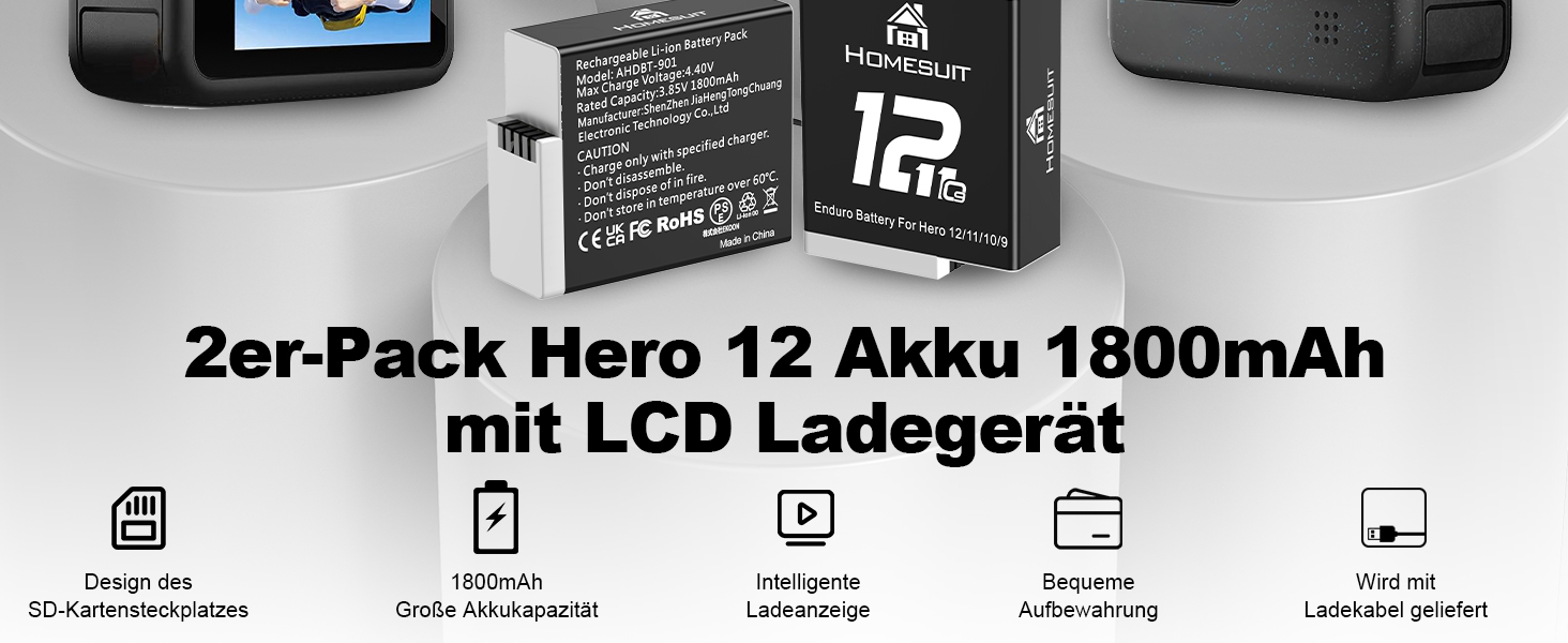 Акумулятор Homesuit Hero 12 1800mAh + LED зарядний пристрій USB-C (2 шт.) для GoPro Hero 12/11/10/9 Black