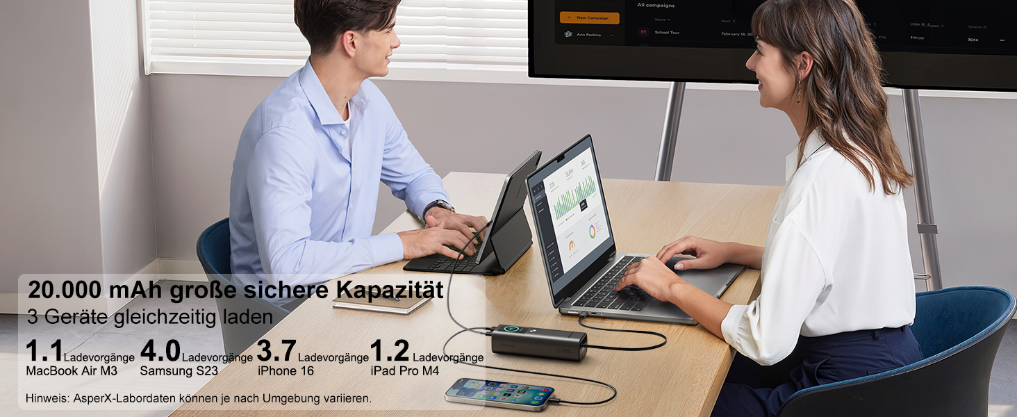 Power Bank AsperX 20000mAh 165W з USB-C кабелем, сумісний з MacBook, Dell, HP, Lenovo, iPad, iPhone, Galaxy
