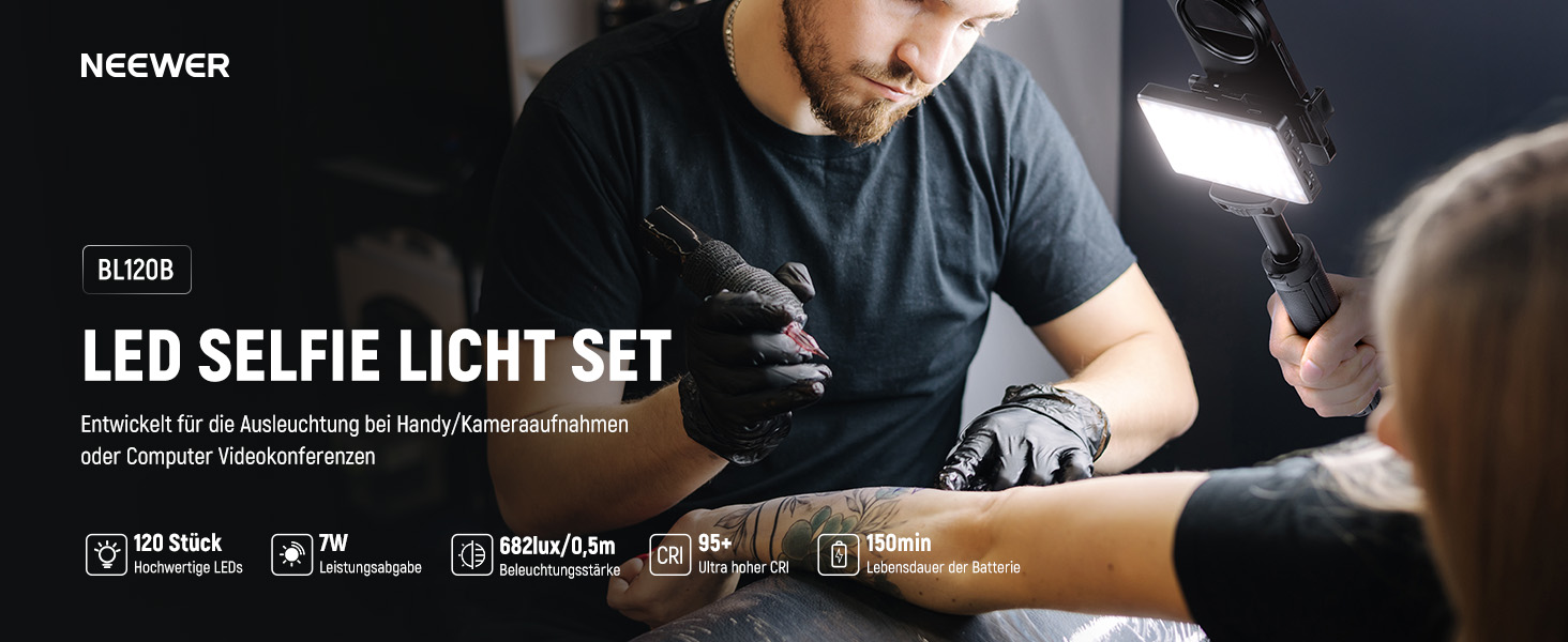NEEWER BL120B Набір світла для селфі та татуювань LED, сумісний з iPhone, кліп-он CPL фільтр, штатив, тримач для телефону, заповнююче світло, видаляє відблиски для фотографії, відео, їжі, ювелірних виробів