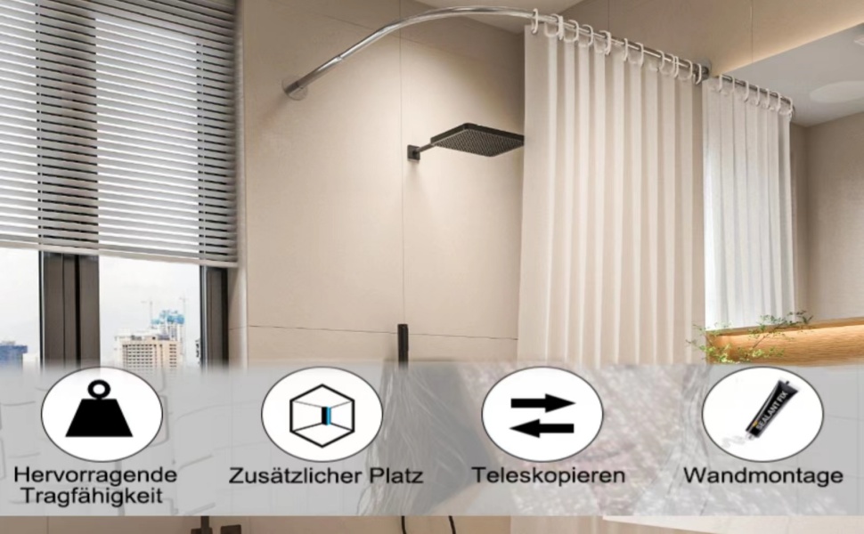 Штанга для душу без свердління, L-подібна, регульована, з нержавіючої сталі, для ванної кімнати та гардеробної (75-95 x 75-95 см), срібна