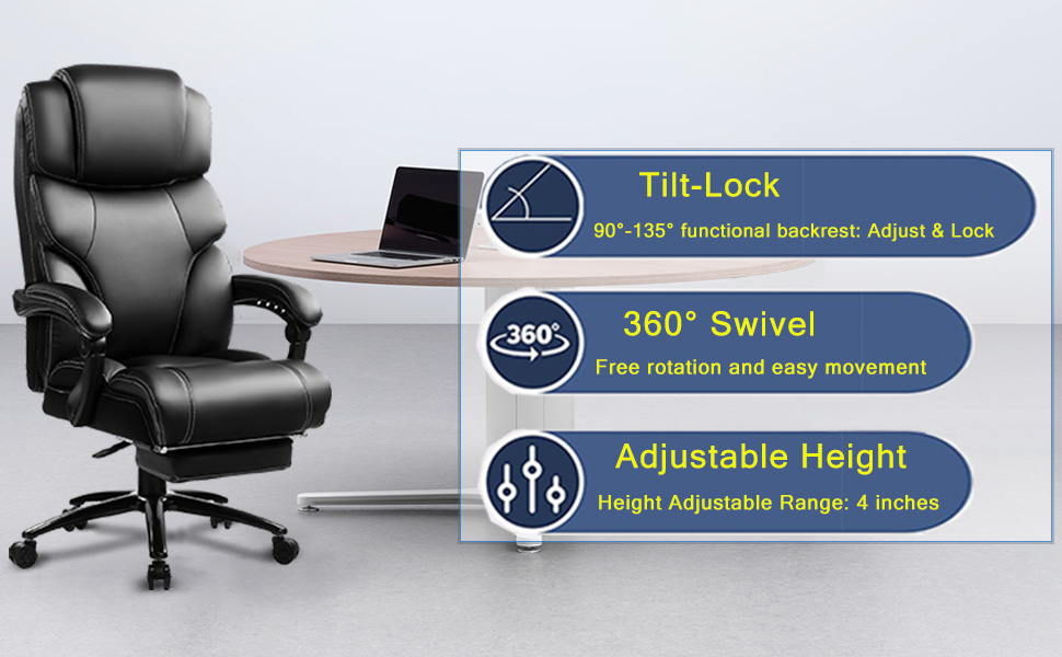 KCREAM Ergonomic Leather Office Chair with Footrest - High Back Executive Desk Chair, Adjustable Armrests, Swivel, Height Adjustable (Black)