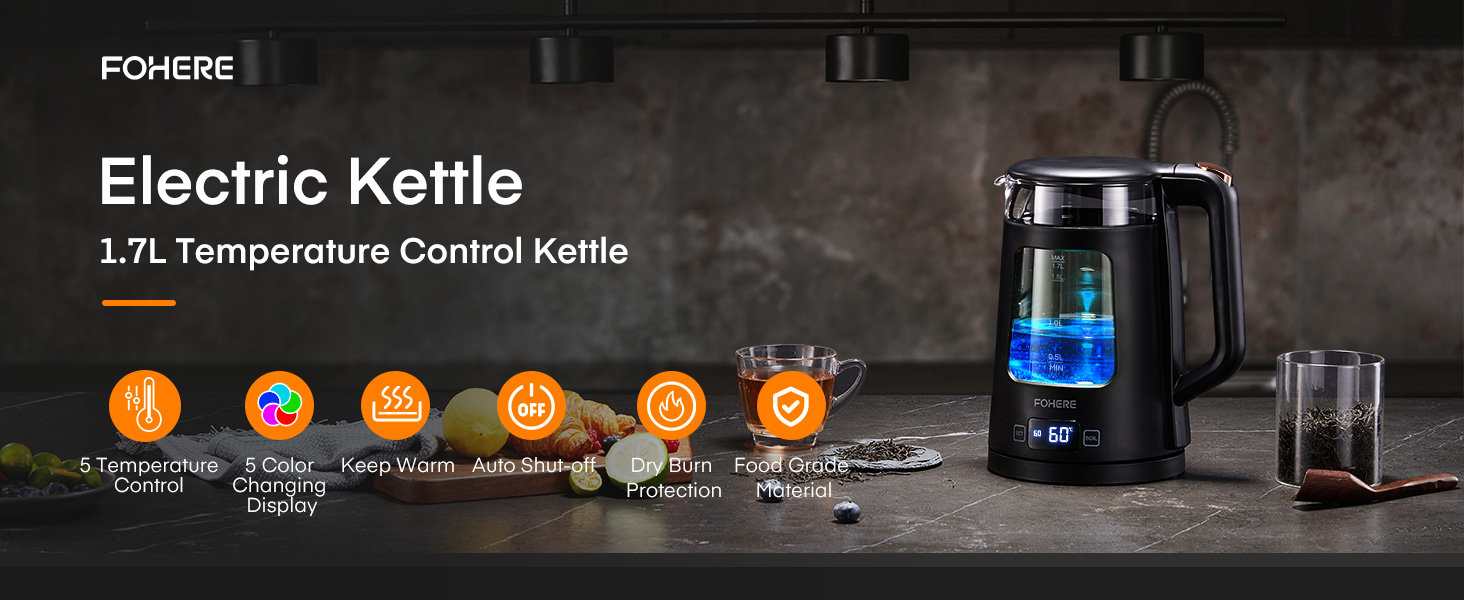 Electric Kettle with Temperature Control - 1.7L Glass Kettle with Keep Warm Function, 2200W Fast Boil, Auto Shut-Off & Dry Boil Protection, 5 Color LED Lights - Black