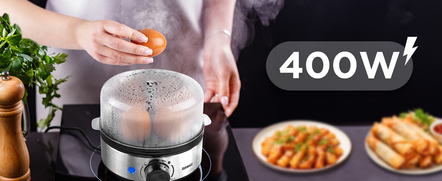 Електричний яйцеварка Duronic EB27 WE для 1-7 яєць з регулюванням ступеня готовності, таймером та захистом від перегріву, з мірним стаканчиком та знімачем яєць