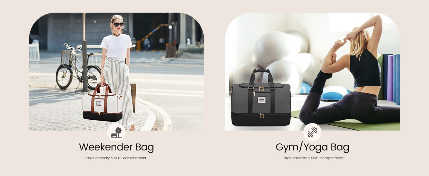 Сумка-мішок LOVEVOOK для подорожей, 37L, жіноча, для ручної поклажі, weekender, з органайзером для косметики, відділенням для взуття та вологонепроникним кишеням, водонепроникна спортивна сумка, пляжна сумка, для відпочинку, авіаперельотів, кемпінгу, M, Khaki-beige