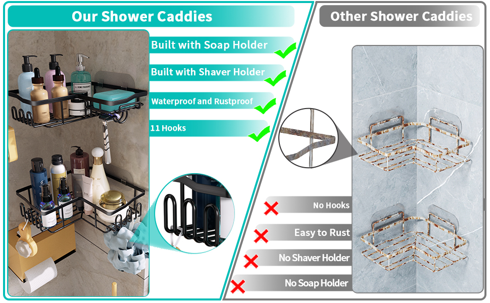 Дзеркальна поличка для душу HapiRm без свердління - органайзер для ванної кімнати та кухні з 11 гачками, мильниця, тримач для бритви, кріплення на присосках, 3 наклейки