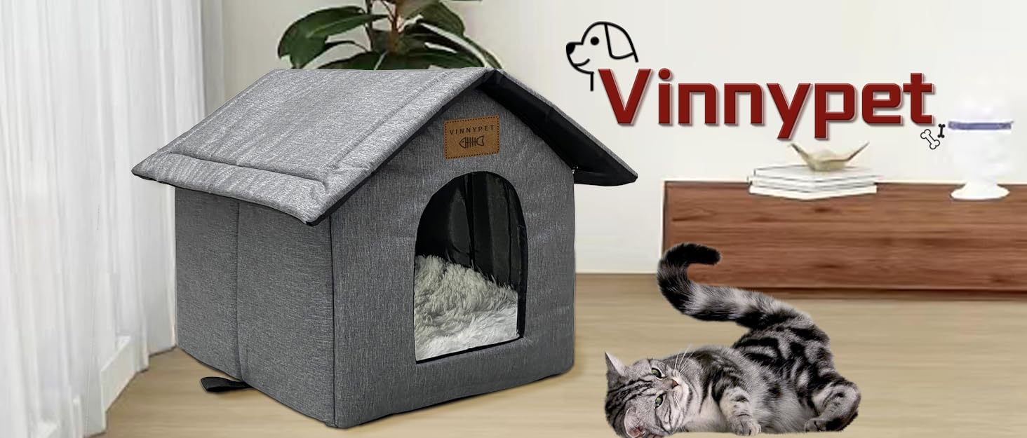 Vinnypet Outdoor Cat House - Winterproof, Waterproof, Warm Pet Shelter with Plush Cushion - Dog House, Stray Animal Shelter - 40x35x40cm Grey