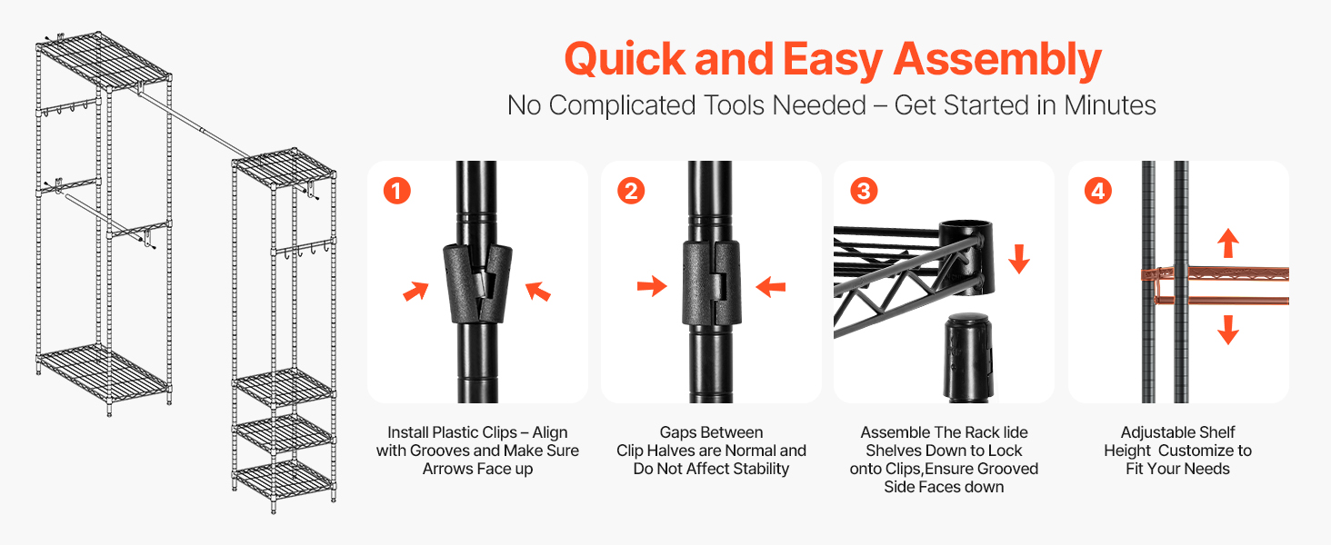 Вешалка для одягу VEVOR з 4 перекладинами, 8 гачками та 6 полицями, 385,5 кг вантажопідйомність, відкрита шафа для одягу
