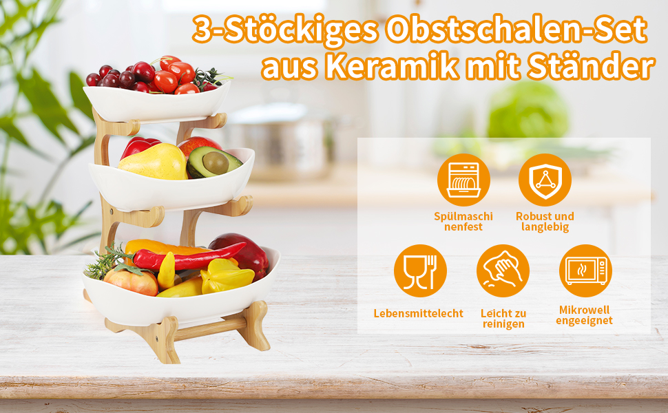 Багатоярусна фруктова миска з кераміки для кухні, 3 яруси, з дерев'яними підставками, для овочів, фруктів, снеків, декор