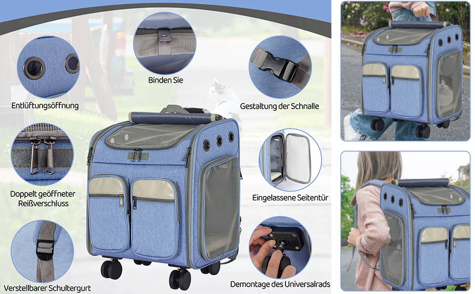 Сумка-переноска для тварин на колесах, для котів та маленьких собак, 4-в-1, рюкзак, сумка-переноска, дихаюча, хакі (блакитна)