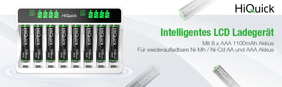 Зарядний пристрій HiQuick для акумуляторів AA та AAA (8 місць) з LCD-дисплеєм + 4 x AA + 4 x AAA, NI-MH/NI-CD, перезаряджувані батарейки