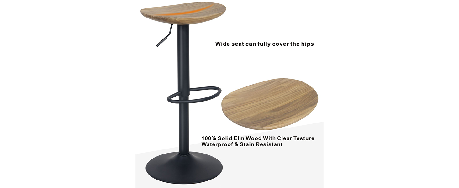 Kidol Adjustable Height Solid Wood Bar Stool with 360° Swivel - Industrial Modern Design for Kitchen Counter - Black