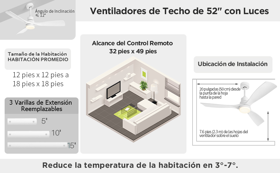 Стеляний вентилятор з підсвіткою та пультом дистанційного керування, тихий DC мотор, 132 см/52 дюйми, 3 дерев'яних лопаті, таймер, 6 швидкостей, сертифікований ETL, режим літо/зима для спальні (132см/52 дюйми, Білий)