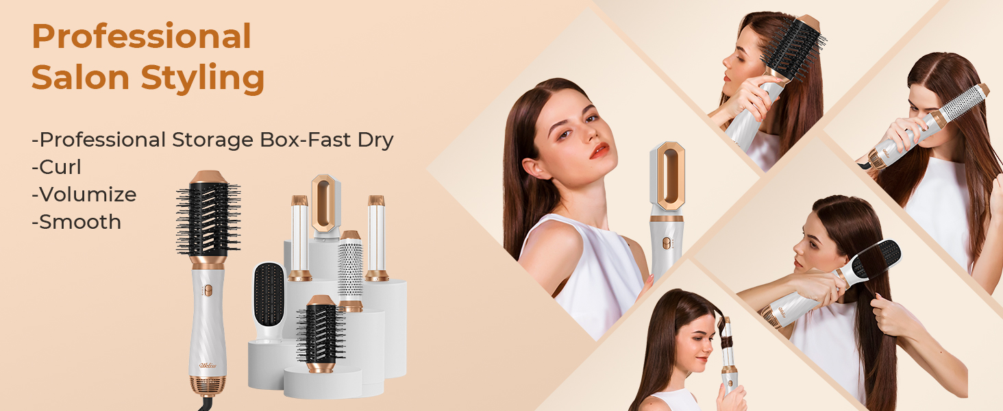 UKLISS 6-в-1 Стайлер для волосся з феном Pro, Набір для укладання волосся: плойка, випрямляч, фен, щітка для укладання, автоматична завивка, іонізація, Airbrush, подарунковий набір для жінок, блакитний (золотий)
