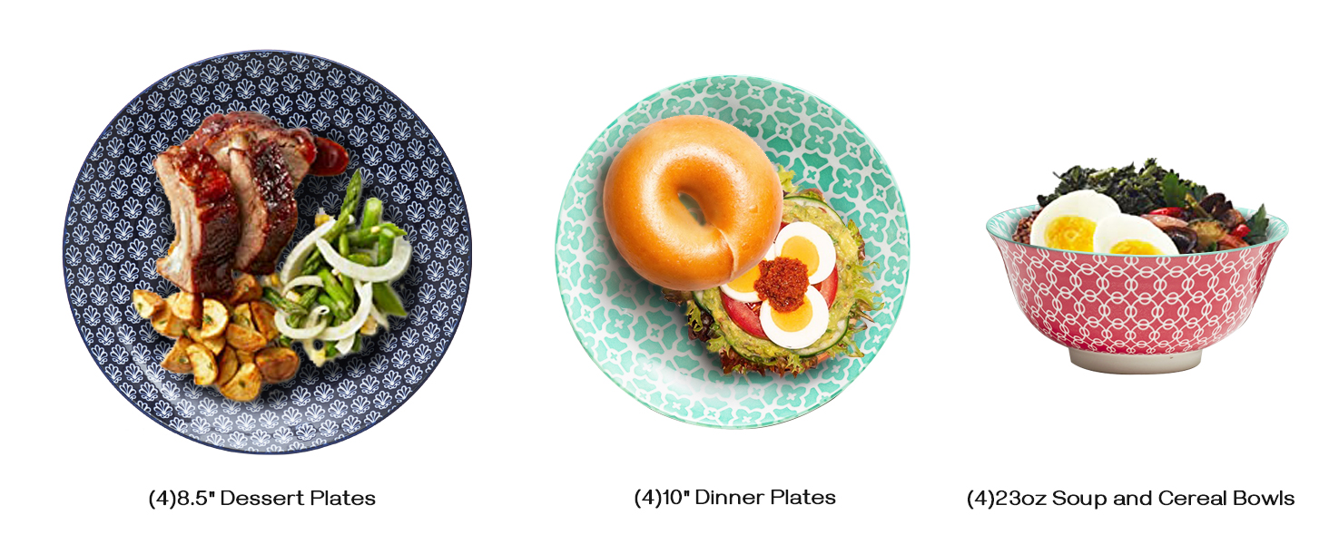 Набір посуду DOWAN: 12-частинний набір керамічного посуду для 4 осіб. Тарілки та супові миски з квітковим візерунком - ідеальний подарунок на новосілля або день народження.