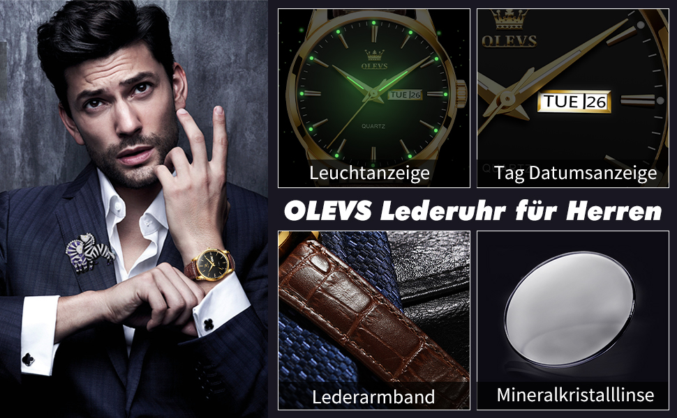 Чоловічий годинник OLEVS з нержавіючої сталі, кварцовий аналоговий годинник, класичний діловий годинник, водонепроникний, з підсвічуванням, з датою, на шкіряному ремінці, чорний циферблат, коричневий ремінь