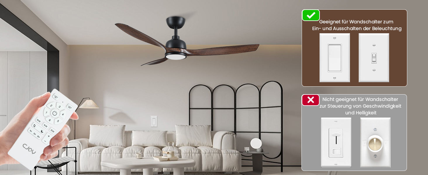 Стеляний вентилятор CJOY з підсвічуванням, 107 см, з пультом керування, тихий, DC, реверсивний, пам'ять 3CCT, диммування, 6 швидкостей, таймер для спальні (132 см - чорне дерево)