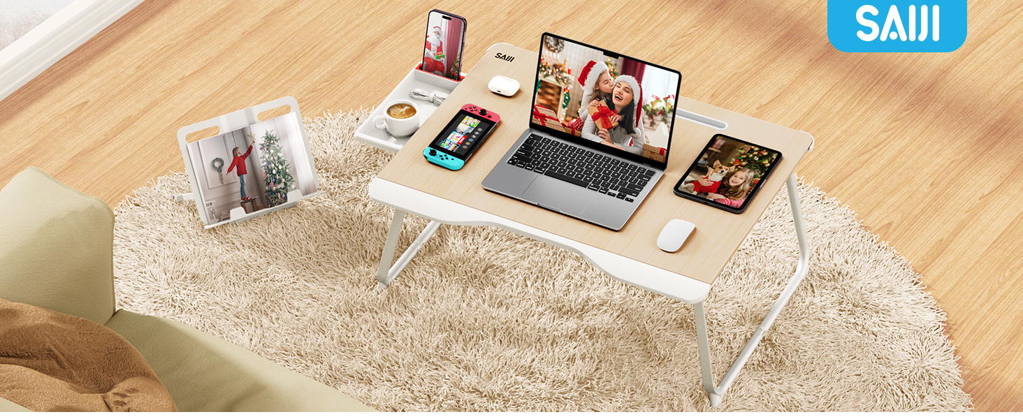 SAIJI Розкладний столик для ноутбука та планшета XXL з ящиком та підставкою для книг/телефону (65 x 49 x 30 см, Тік)