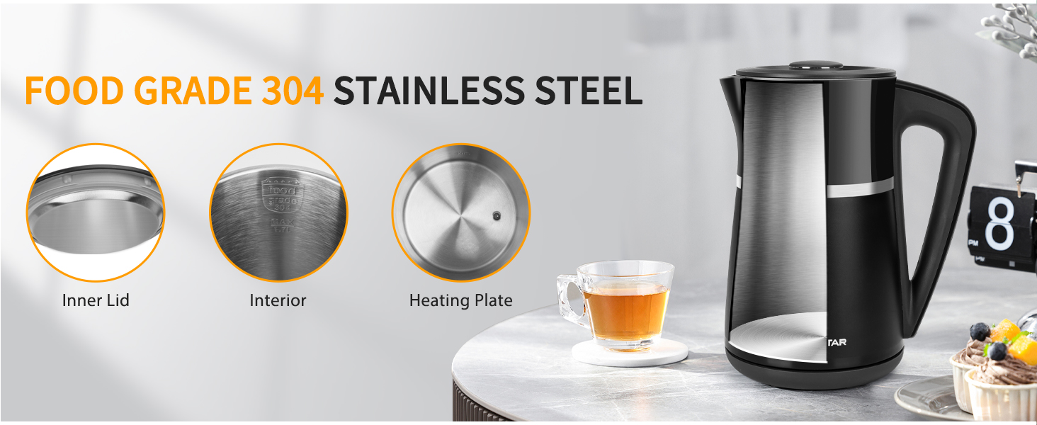 Електричний чайник Aigostar Alva з регулюванням температури 40°C-100°C, 1.7 л, подвійні стінки, Cool Touch, LED дисплей, тихий, бездротовий, з функцією підтримання тепла, 2200W, BPA Free, чорний