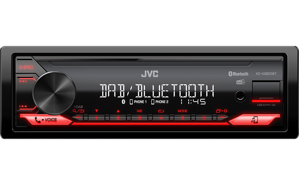 Автомагнітола JVC KD-X282DBT з USB, DAB+, Bluetooth, мікрофоном, AUX, саундпроцесором, 4x50 Вт, червоне підсвічування кнопок