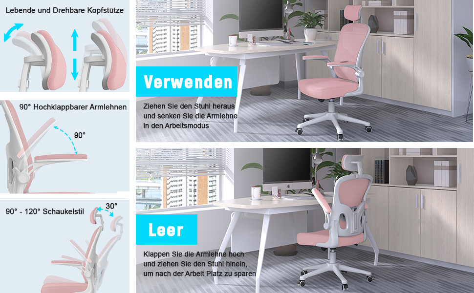 Офісний стіл Rattantree: ергономічний крісло з підтримкою попереку, регульовані підлокітники, регулювання висоти, поворотне крісло з дихаючою спинкою для офісу/кабінету (рожевий, з підголовником)