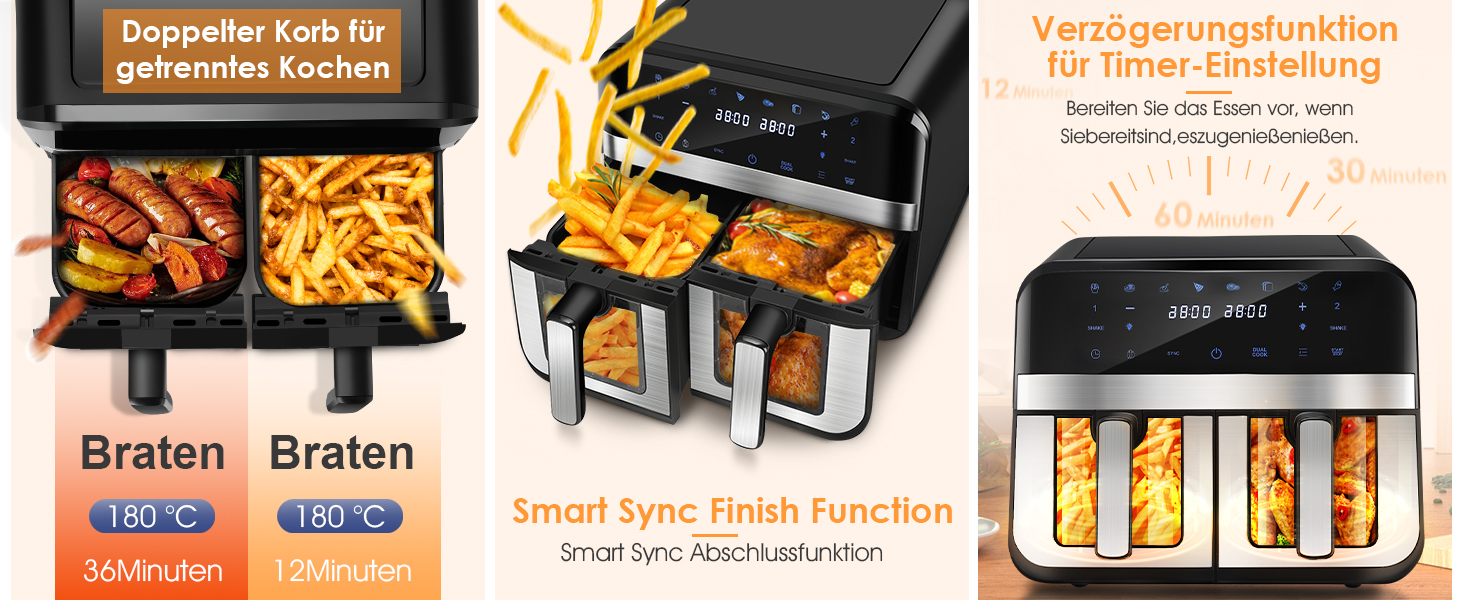 Фритюрниця повітряна 9L з цифровим LED-дисплеєм та сенсорним екраном, 10-в-1, без олії, здорове приготування їжі